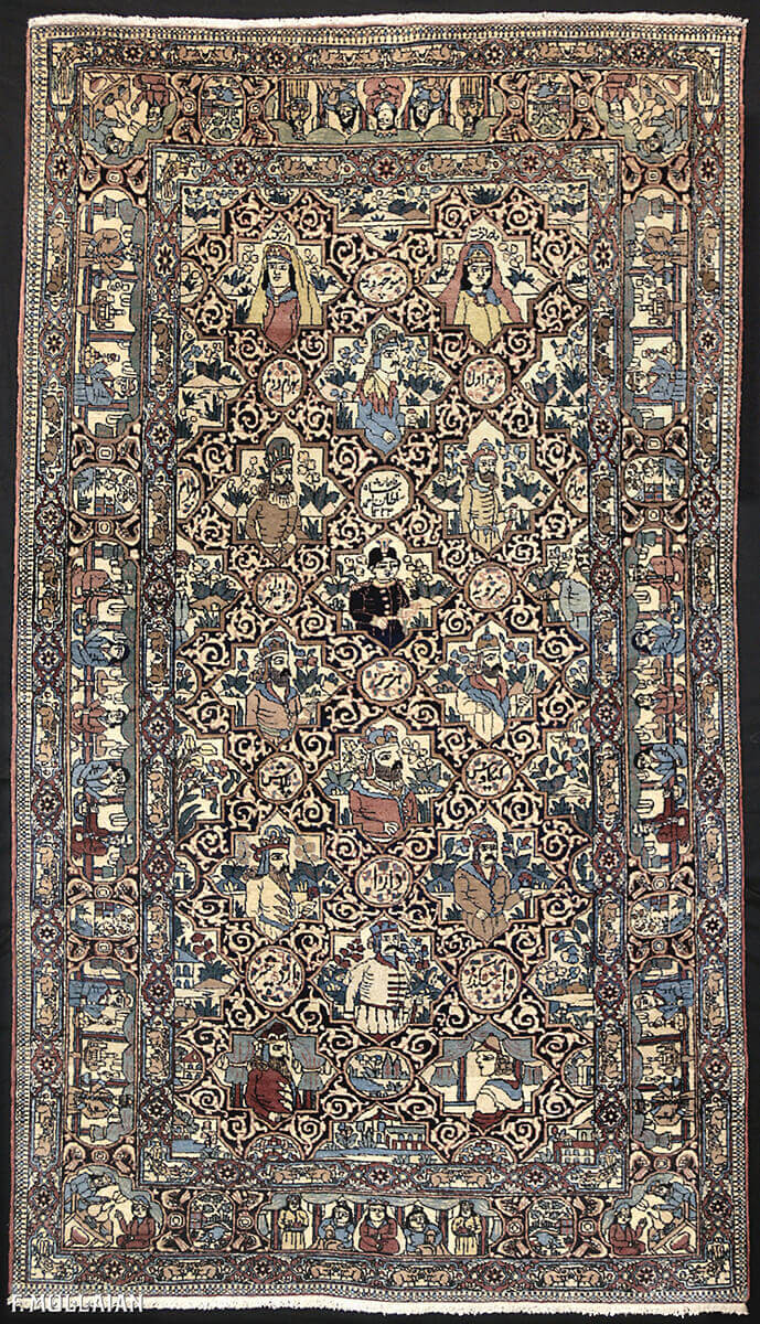Antique Persian Pictorial Kashan Mohtasham Hand-Knotted Rug n°:10729674